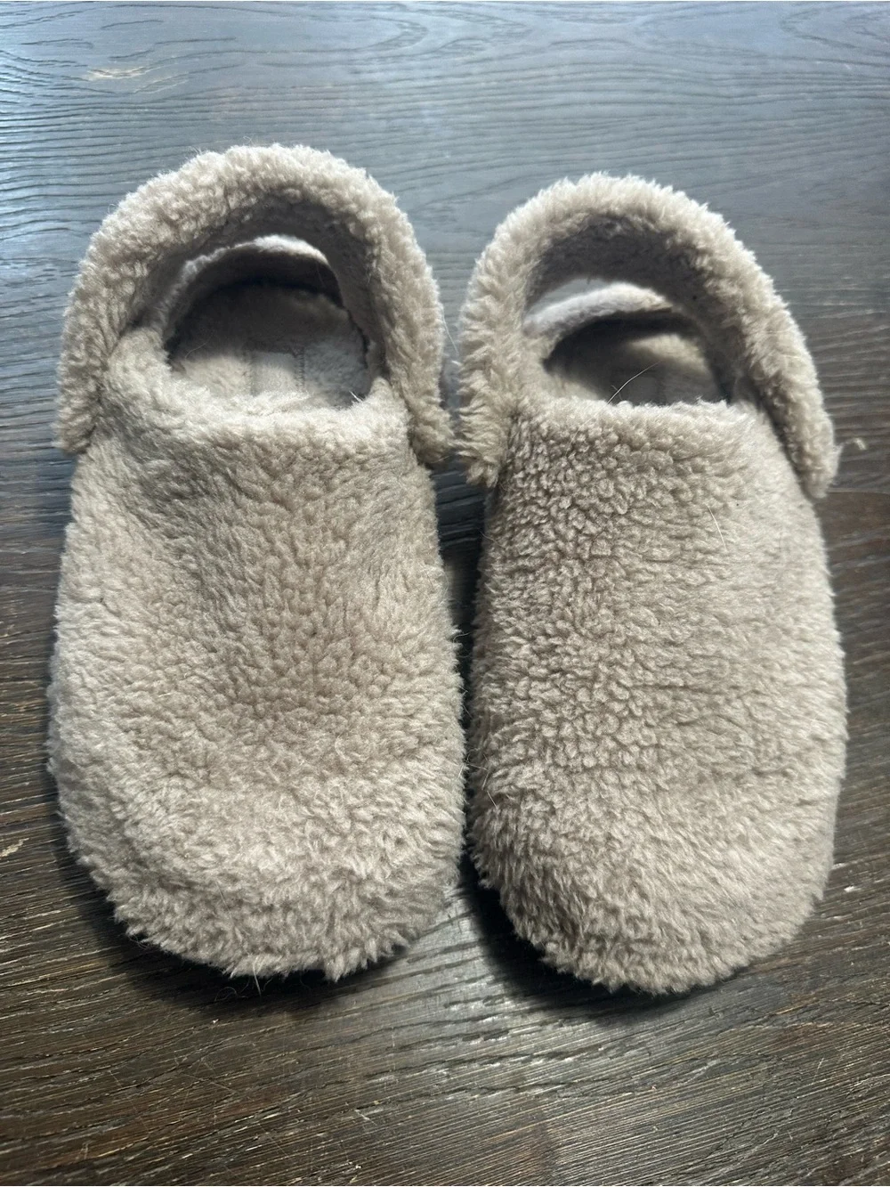 CROCS Kids Fuzzy Slip-On Slippers in Light Taupe